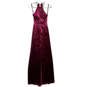 B Darlin Vingate Y2K Velvet Maxi Dress Size 1/2 Burgundy Open Back Thigh Slit